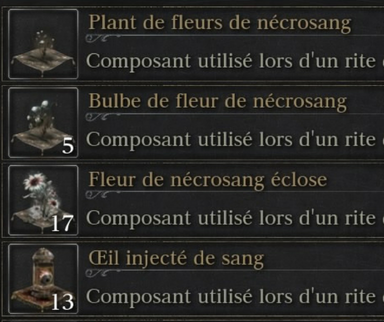 VBloodborne Donjons Calices : Les matériaux de rite.